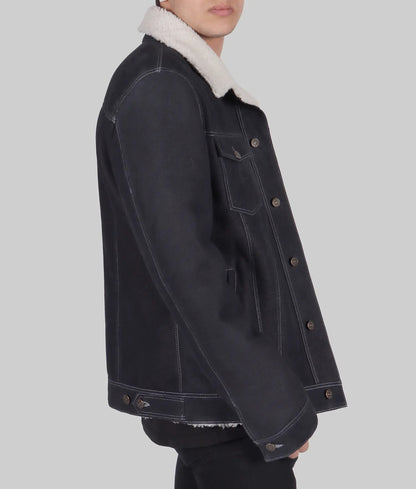 Men’s Blue Shearling Lined Leather Trucker Jacket