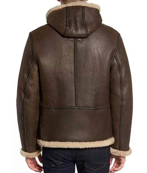 Men’s Brown B6 Shearling Aviator Bomber Leather Jacket with Hood