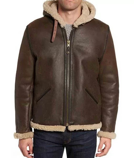 Men’s Brown B6 Shearling Aviator Bomber Leather Jacket with Hood