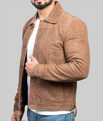 Men’s Brown Distressed Suede Leather Trucker Jacket