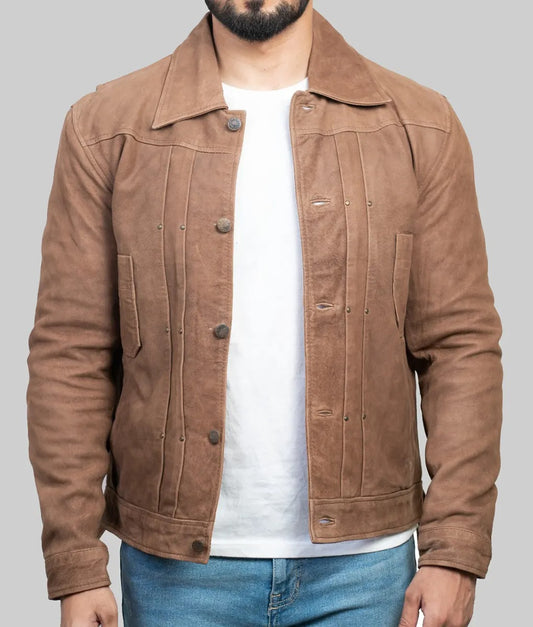 Men’s Brown Distressed Suede Leather Trucker Jacket