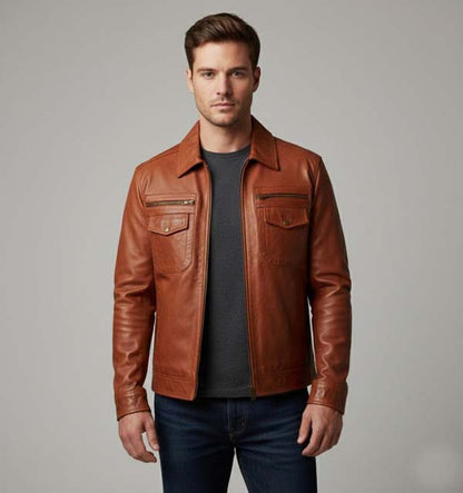 Men's Brown Genuine Leather Trucker Jacket with Slim Fit