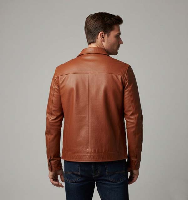 Men's Brown Genuine Leather Trucker Jacket with Slim Fit