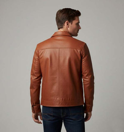 Men's Brown Genuine Leather Trucker Jacket with Slim Fit