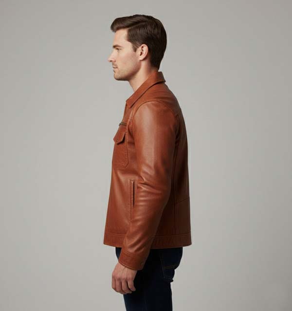 Men's Brown Genuine Leather Trucker Jacket with Slim Fit