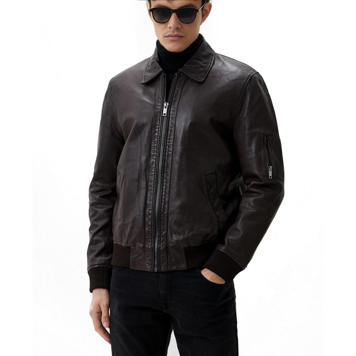 Men’s Brown Leather Biker Jacket – Shirt Collar Minimalist Style