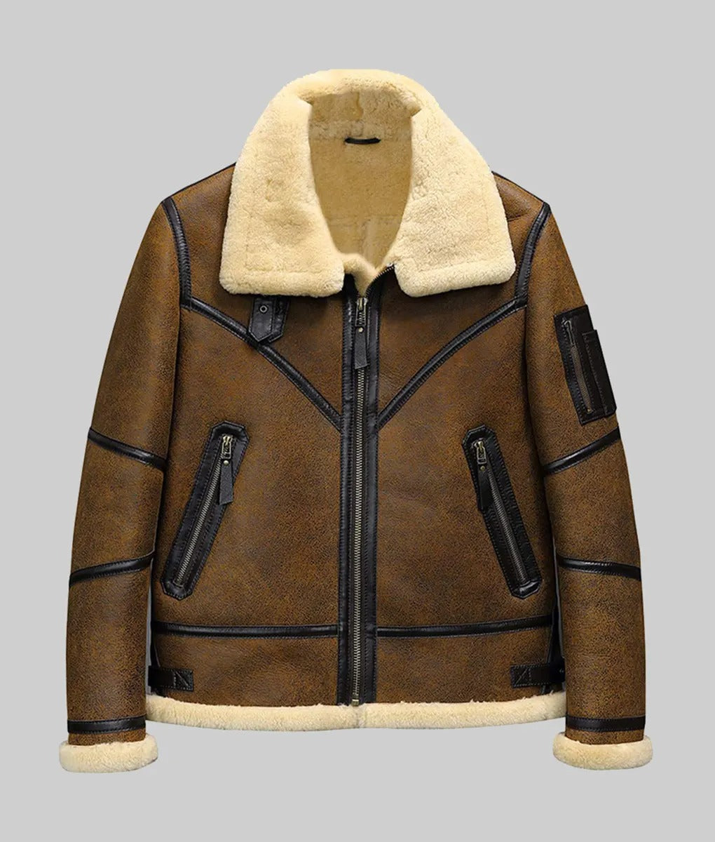 Men’s Brown Shearling Lined B3 Aviator Bomber Leather Jacket