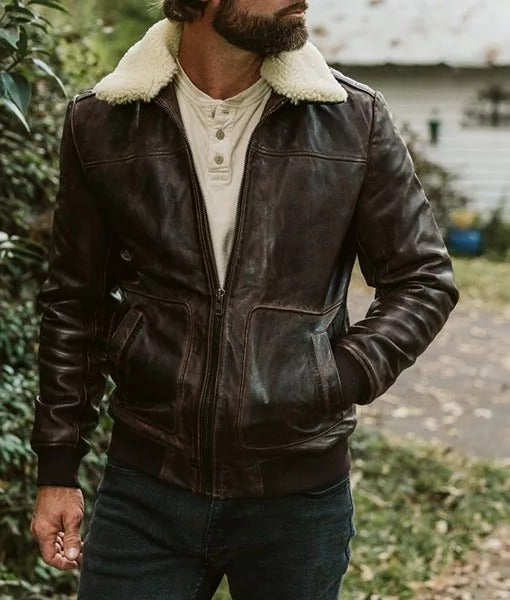 Men’s Choco Brown Real Leather Bomber Jacket