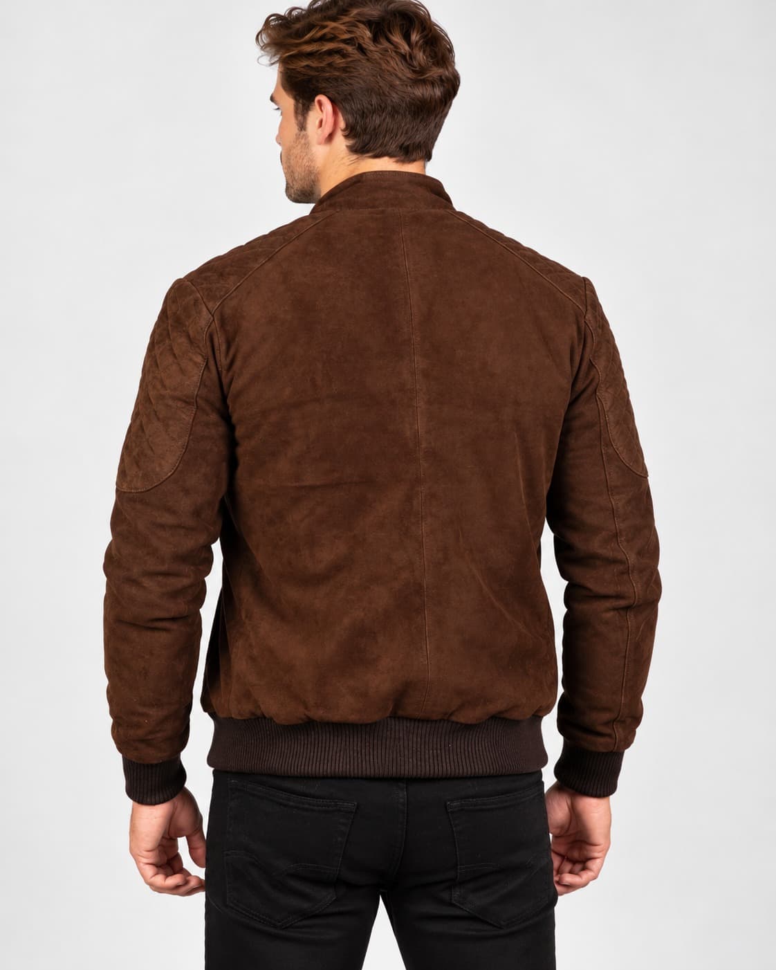 Back view of Men’s Chocolate Brown Suede Bomber Jacket with Quilted Shoulders