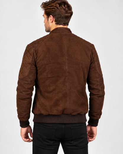 Back view of Men’s Chocolate Brown Suede Bomber Jacket with Quilted Shoulders