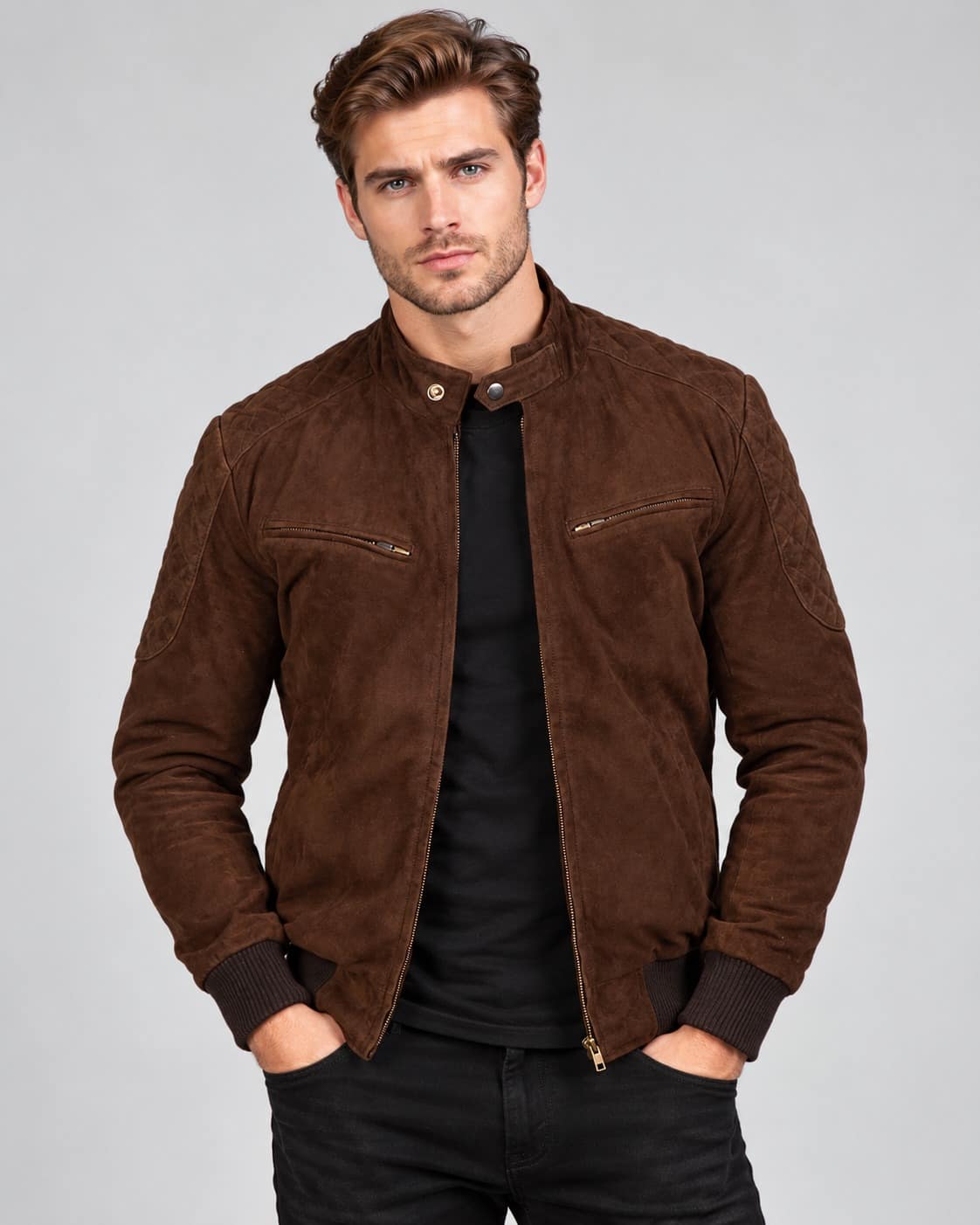 Front view of Men’s Chocolate Brown Suede Bomber Jacket with Quilted Shoulders