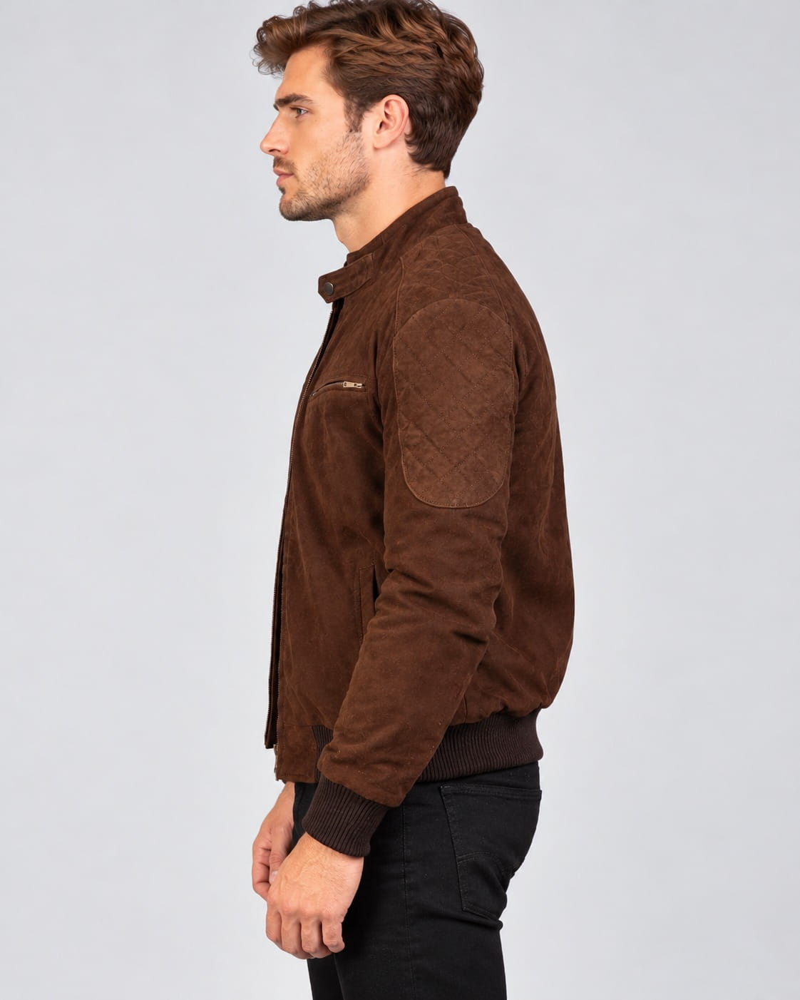 Side view of Men’s Chocolate Brown Suede Bomber Jacket with Quilted Shoulders