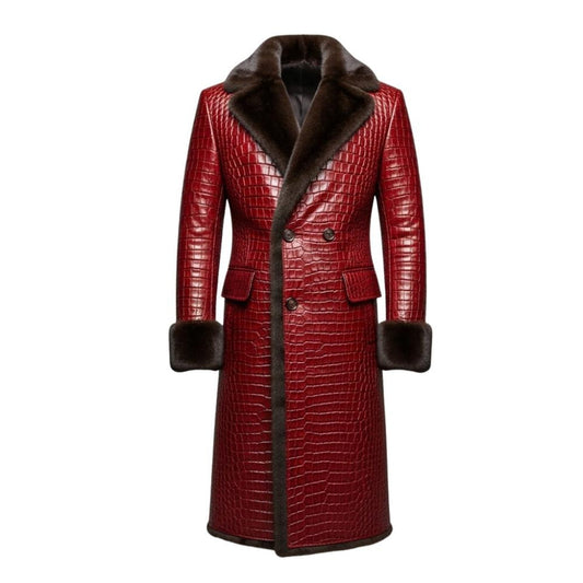 Men’s Crocodile Embossed Leather Trench Coat – Full-Length Gothic Outerwear
