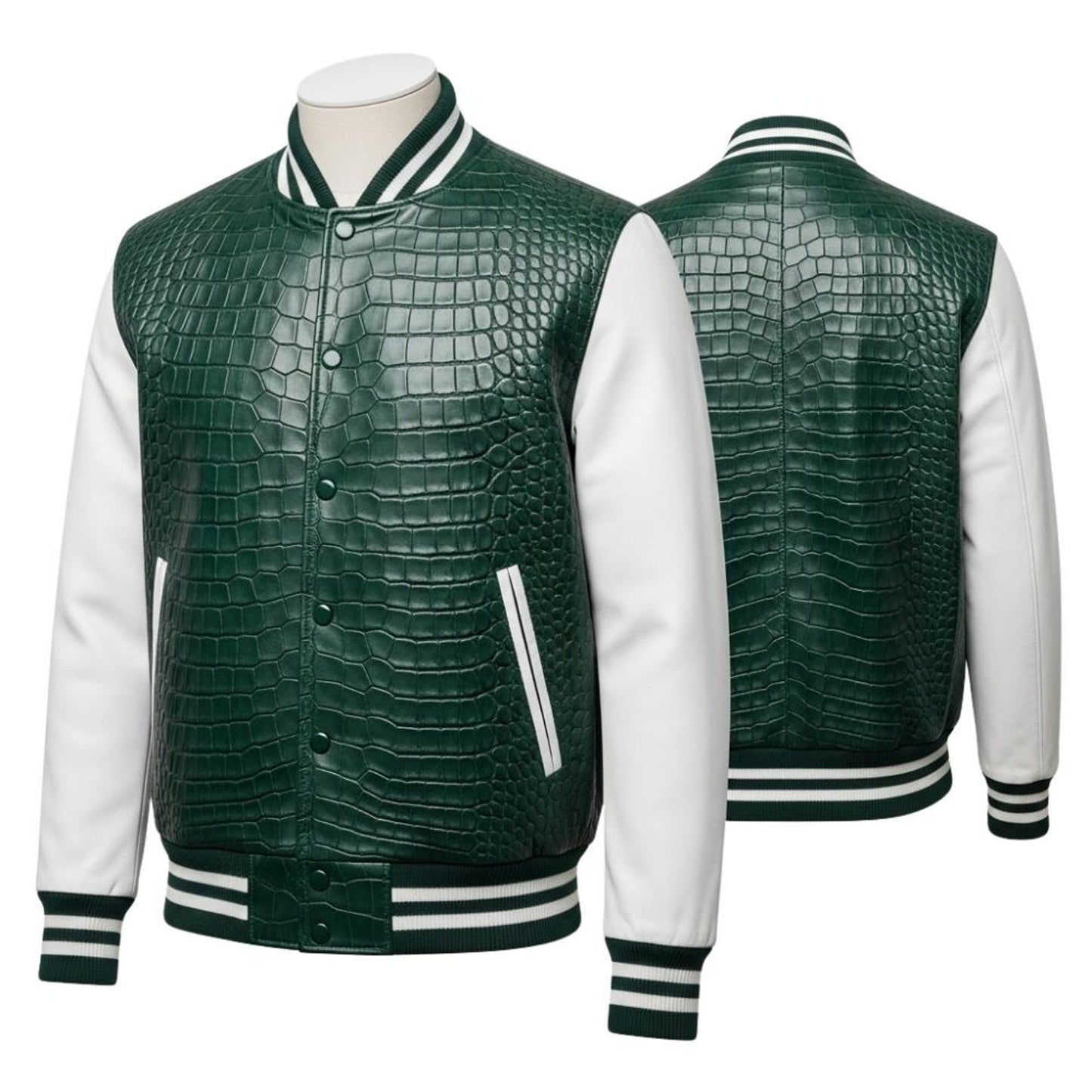 Men’s Crocodile Embossed Leather Varsity Jacket – Handmade Streetwear Style