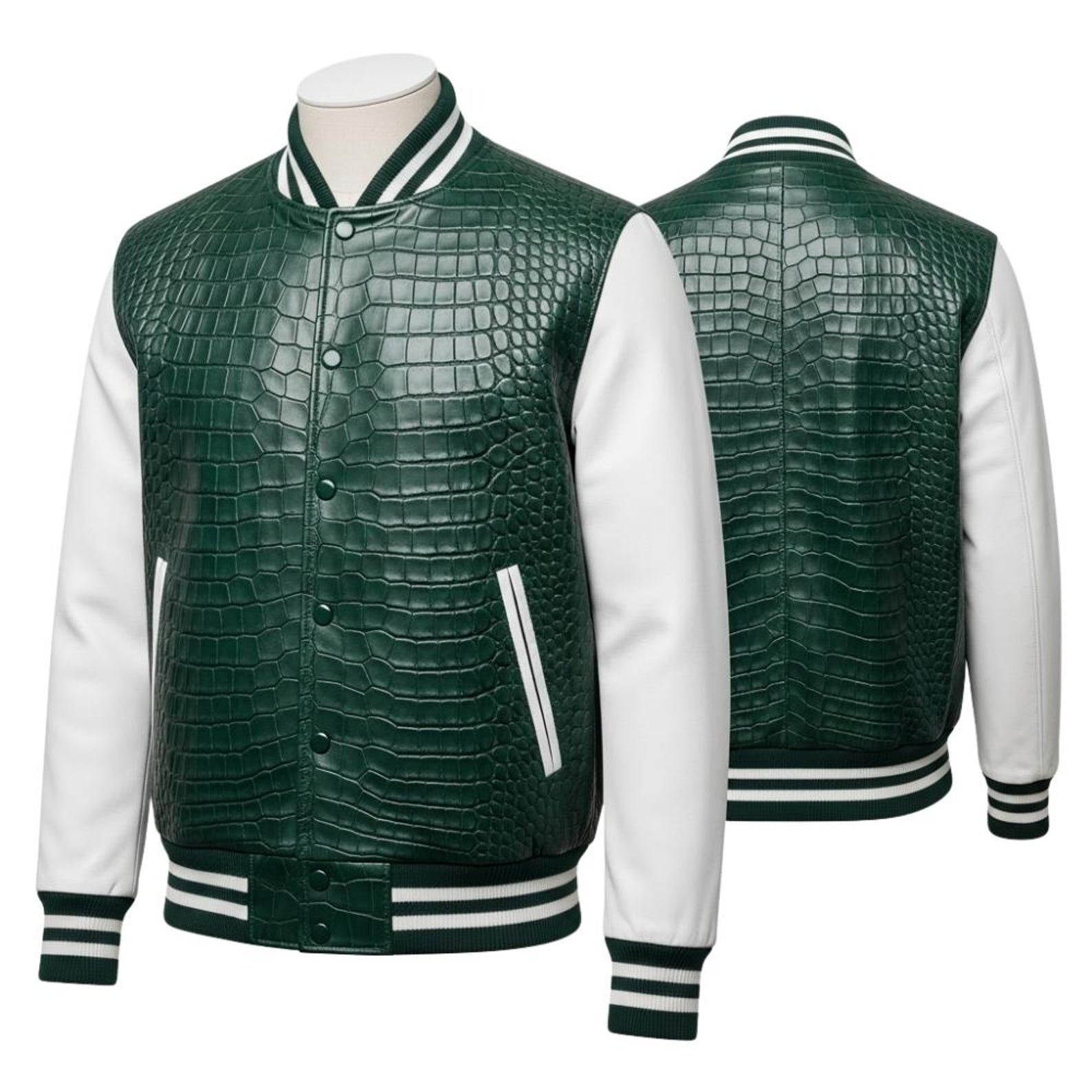 Men’s Crocodile Embossed Leather Varsity Jacket – Handmade Streetwear Style