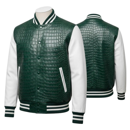Men’s Crocodile Embossed Leather Varsity Jacket – Handmade Streetwear Style