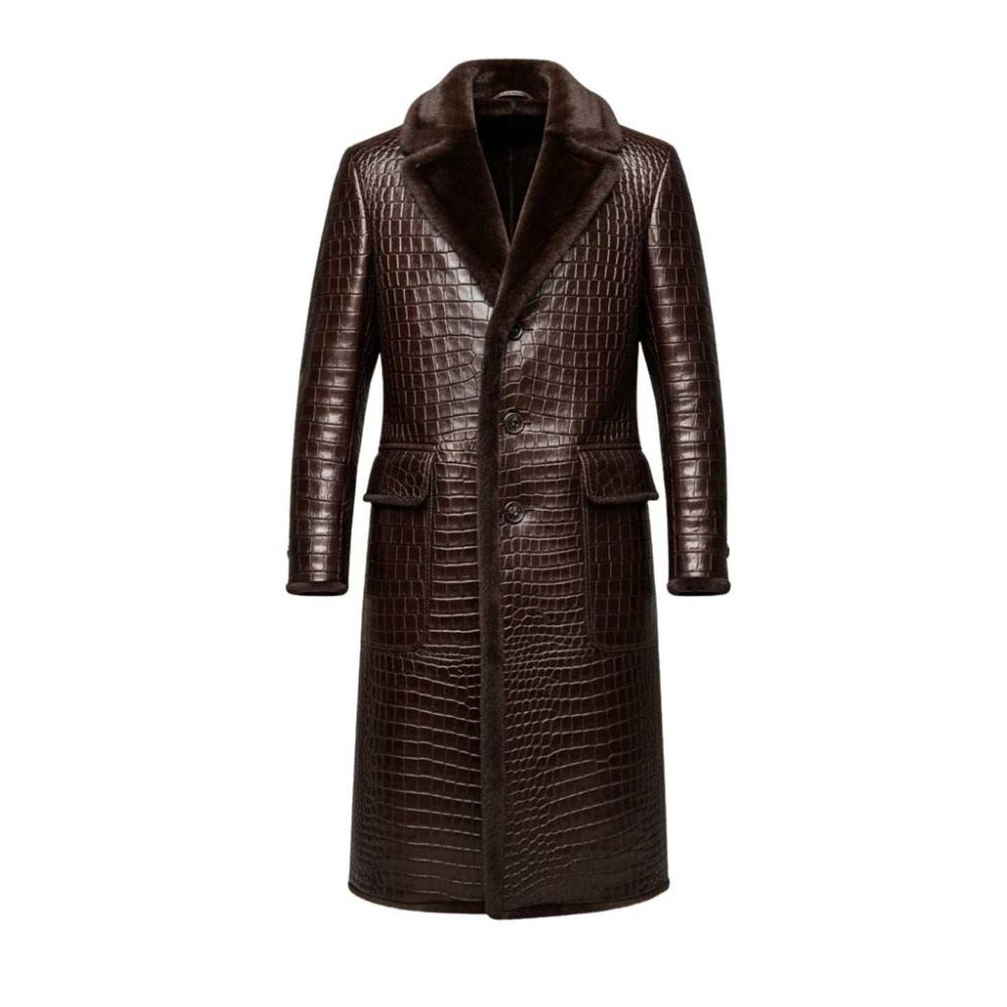 Men’s Crocodile Embossed Trendy Leather Trench Coat – Gothic Steampunk Outerwear