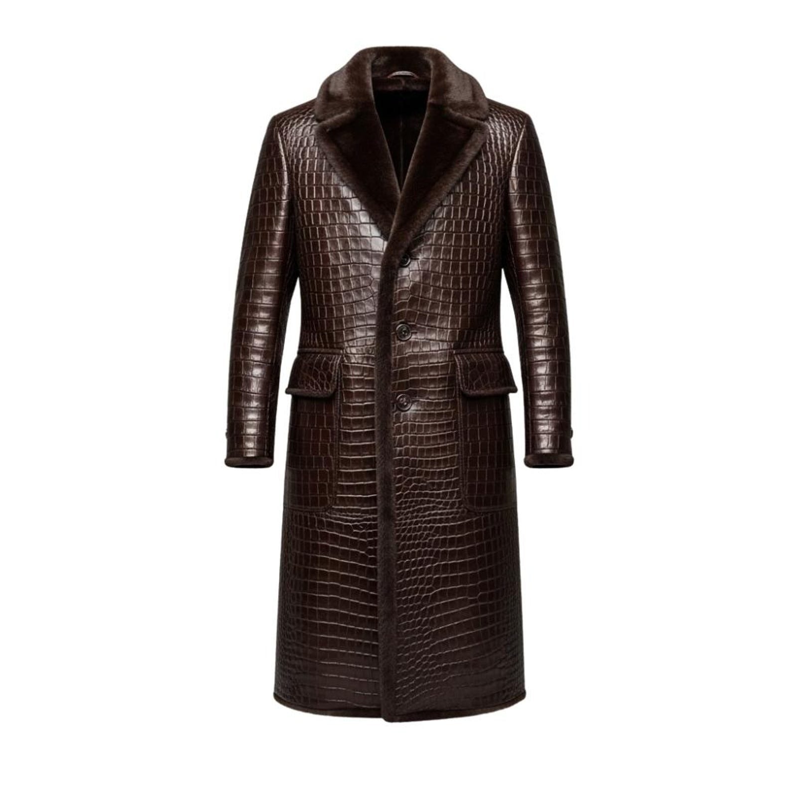 Men’s Crocodile Embossed Trendy Leather Trench Coat – Gothic Steampunk Outerwear