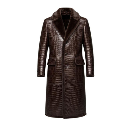 Men’s Crocodile Embossed Trendy Leather Trench Coat – Gothic Steampunk Outerwear