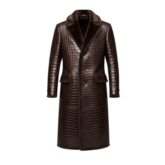 Men’s Crocodile Embossed Trendy Leather Trench Coat – Gothic Steampunk Outerwear