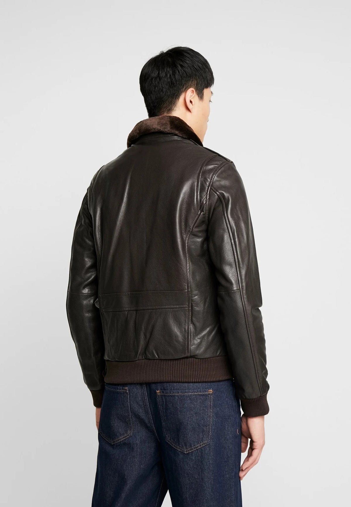 Men's Dark Brown Leather Bomber Jacket with Fur Collar Back View - Rugged Elegance