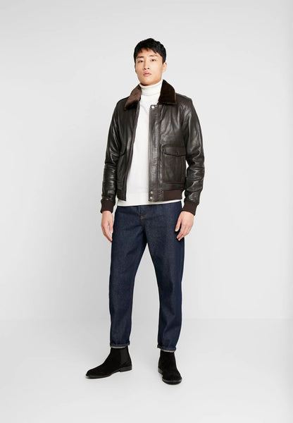 Men's Dark Brown Leather Bomber Jacket with Fur Collar Full Front View - Rugged Elegance