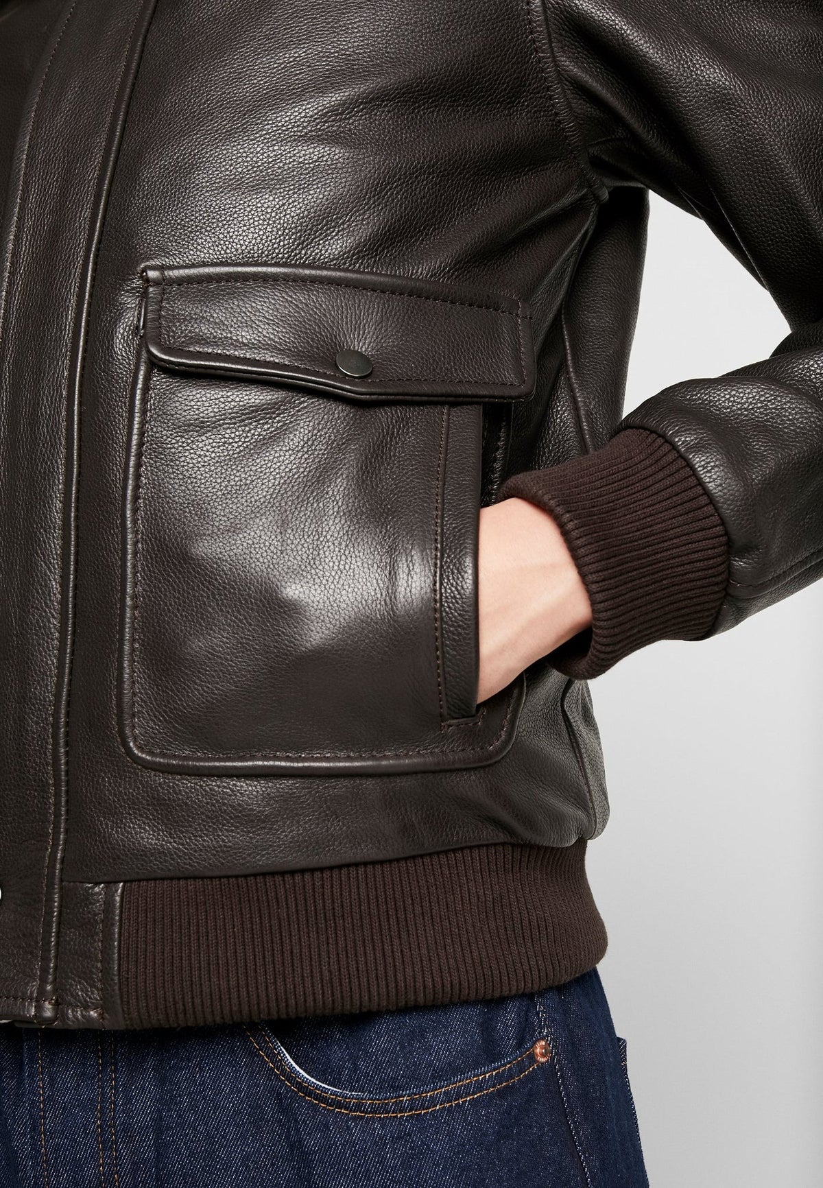 Men's Dark Brown Leather Bomber Jacket with Fur Collar Pocket View - Rugged Elegance