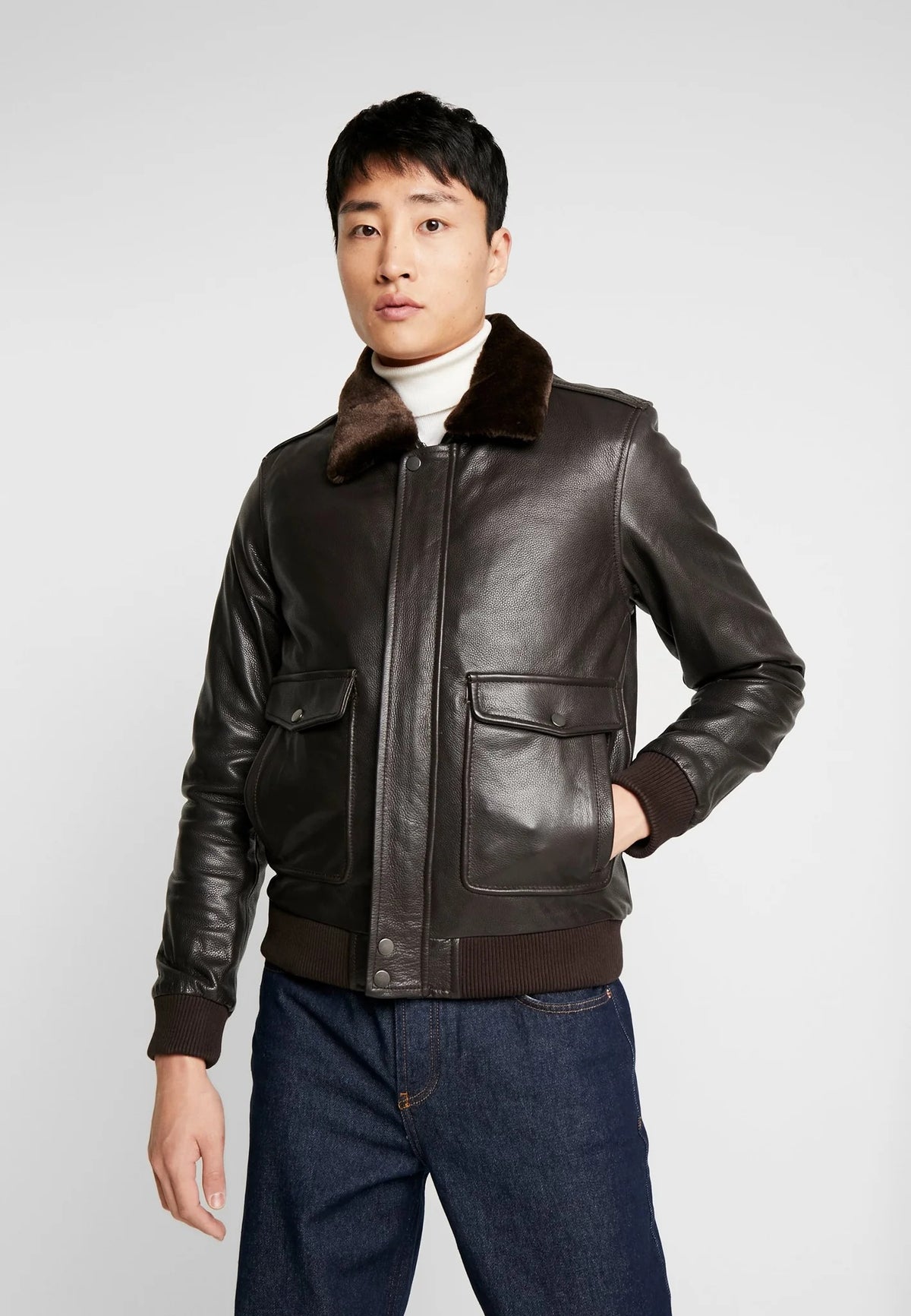 Men's Dark Brown Leather Bomber Jacket with Fur Collar Side View - Rugged Elegance