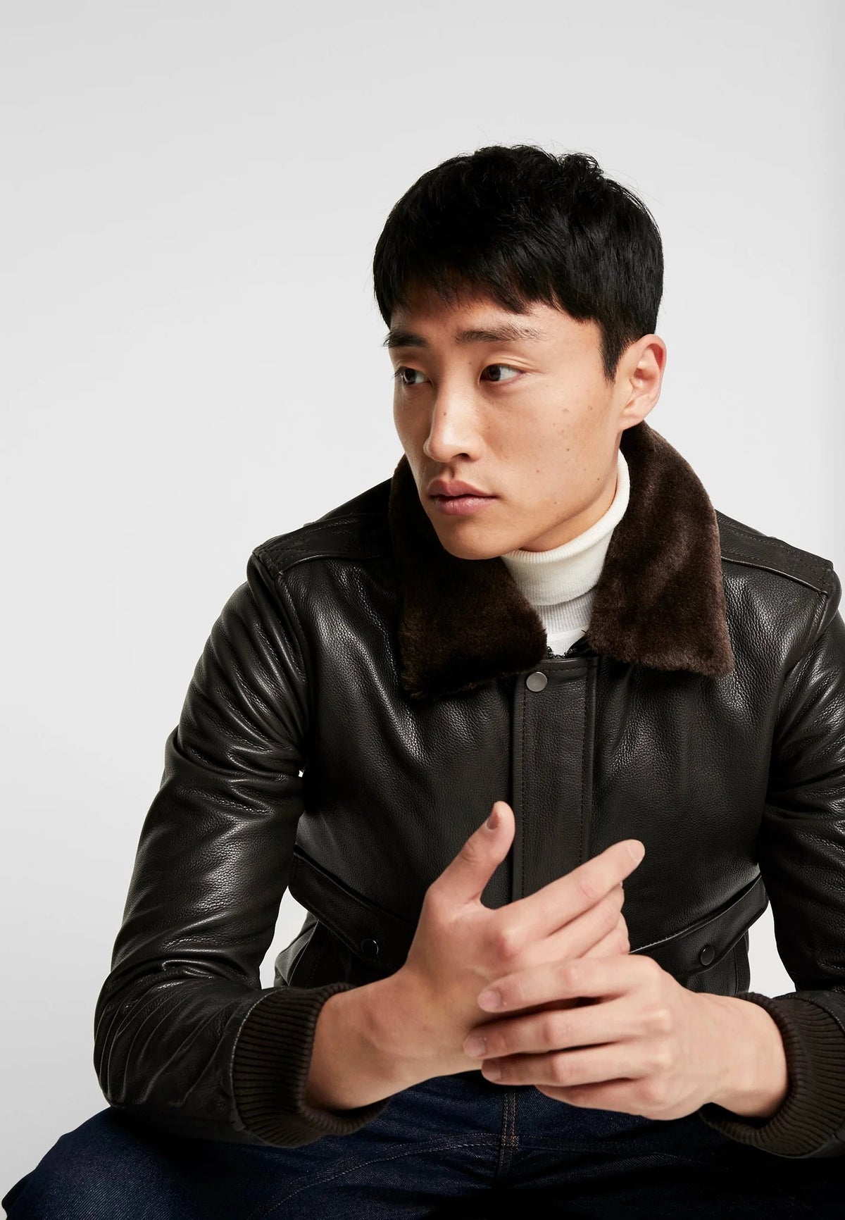 Men's Dark Brown Leather Bomber Jacket with Fur Collar front- Rugged Elegance