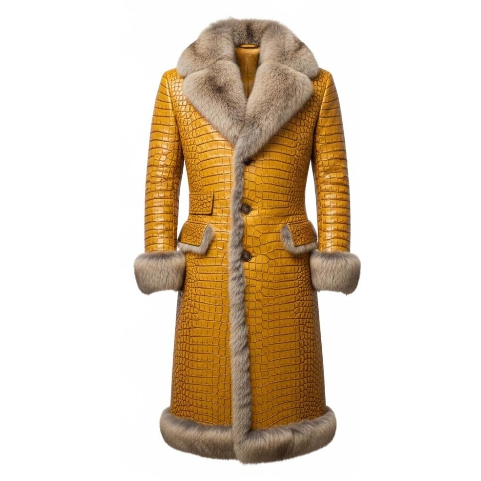 Men’s Full-Length Embossed Crocodile Leather Trench Coat – Winter Outerwear