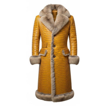Men’s Full-Length Embossed Crocodile Leather Trench Coat – Winter Outerwear