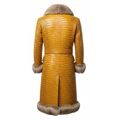 Men’s Full-Length Embossed Crocodile Leather Trench Coat – Winter Outerwear