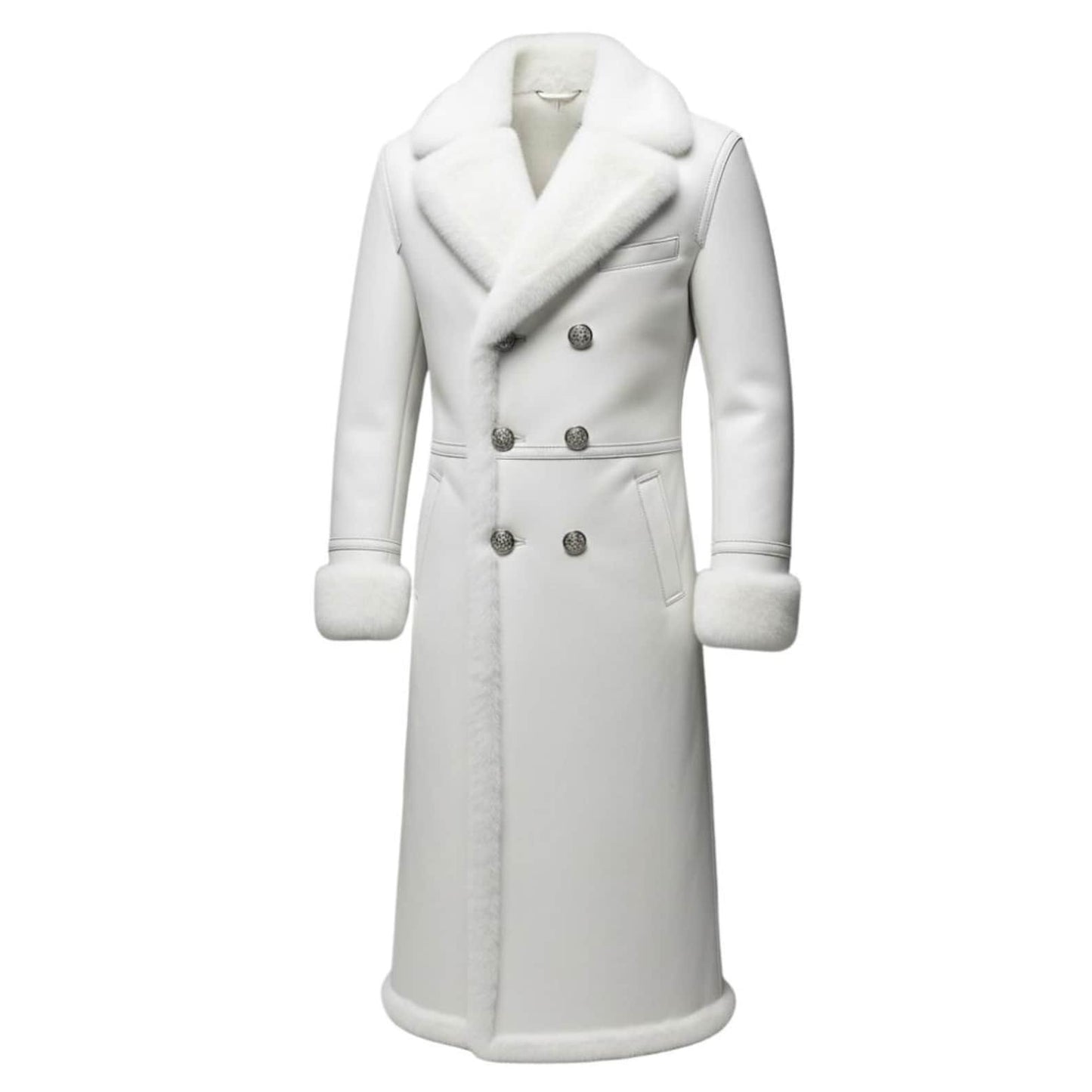 Men’s Genuine Leather Long Fur Coat – Winter White Trench Overcoat