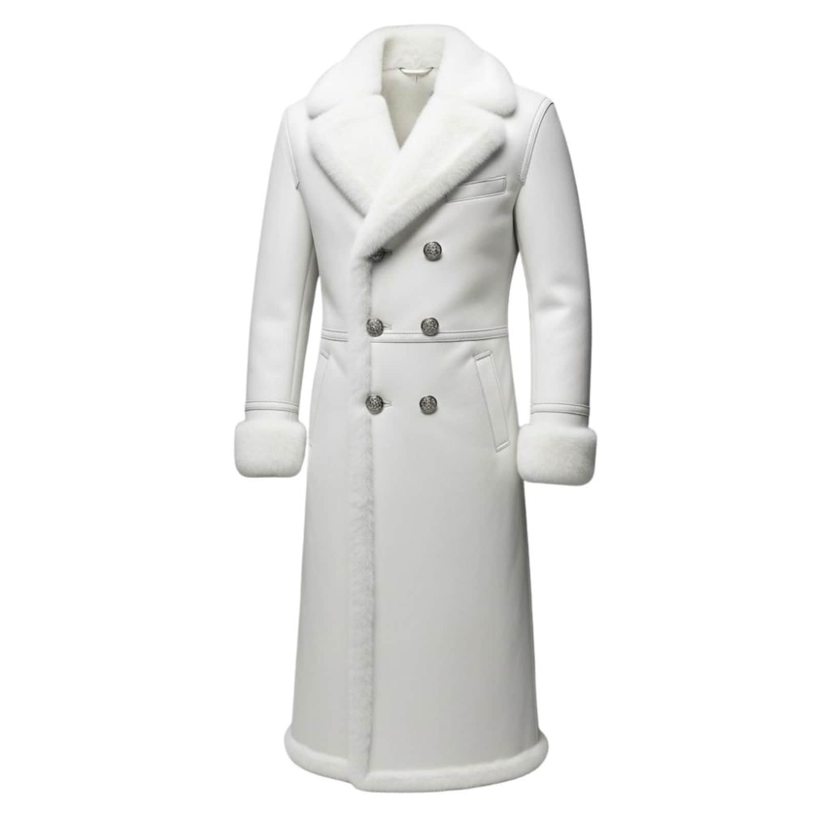 Men’s Genuine Leather Long Fur Coat – Winter White Trench Overcoat