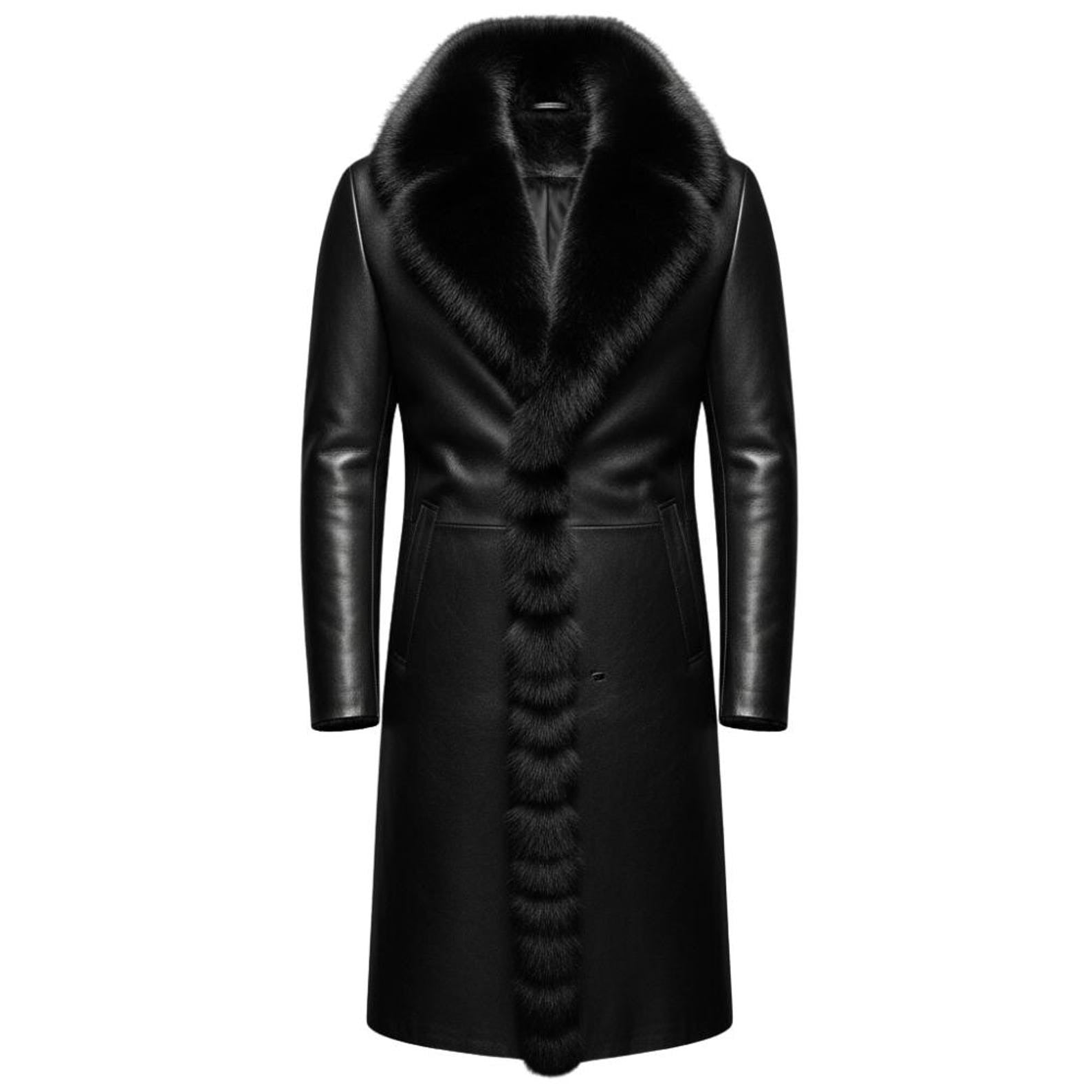 Men’s Genuine Leather Long Trench Coat – Gothic Winter Overcoat with Fur Lining