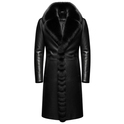 Men’s Genuine Leather Long Trench Coat – Gothic Winter Overcoat with Fur Lining