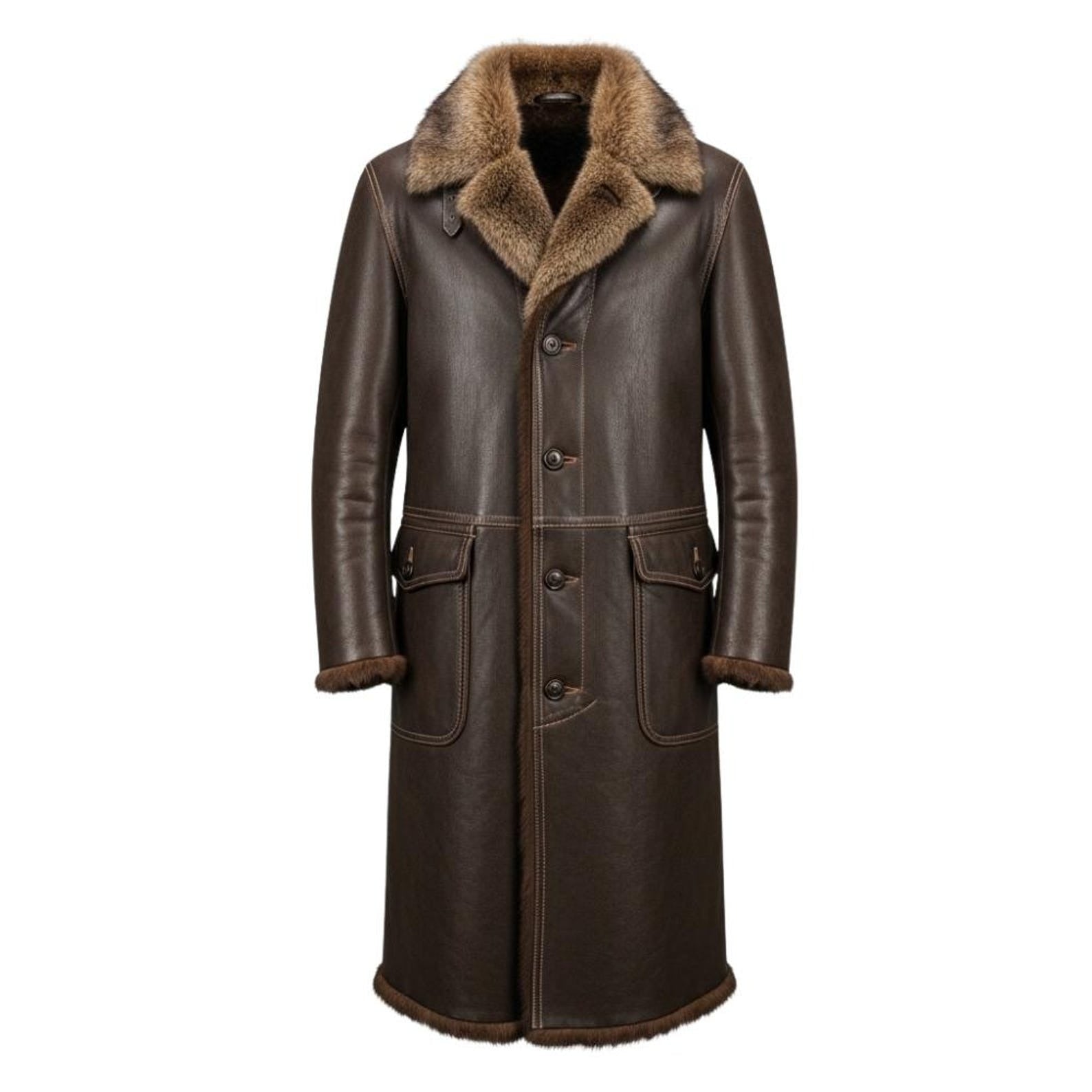 Men’s Genuine Leather Trench Coat – Fur Lined Winter Overcoat
