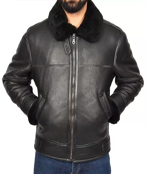Men’s Genuine Matte Black B3 Shearling Leather Bomber Jacket