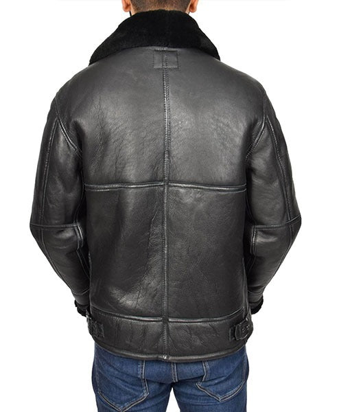 Men’s Genuine Matte Black B3 Shearling Leather Bomber Jacket