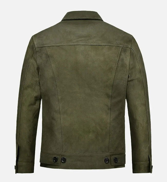 Men’s Green Distressed Suede Leather Trucker Jacket