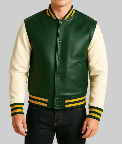 Men’s Green and Off-White Colorblock Leather Bomber Jacket