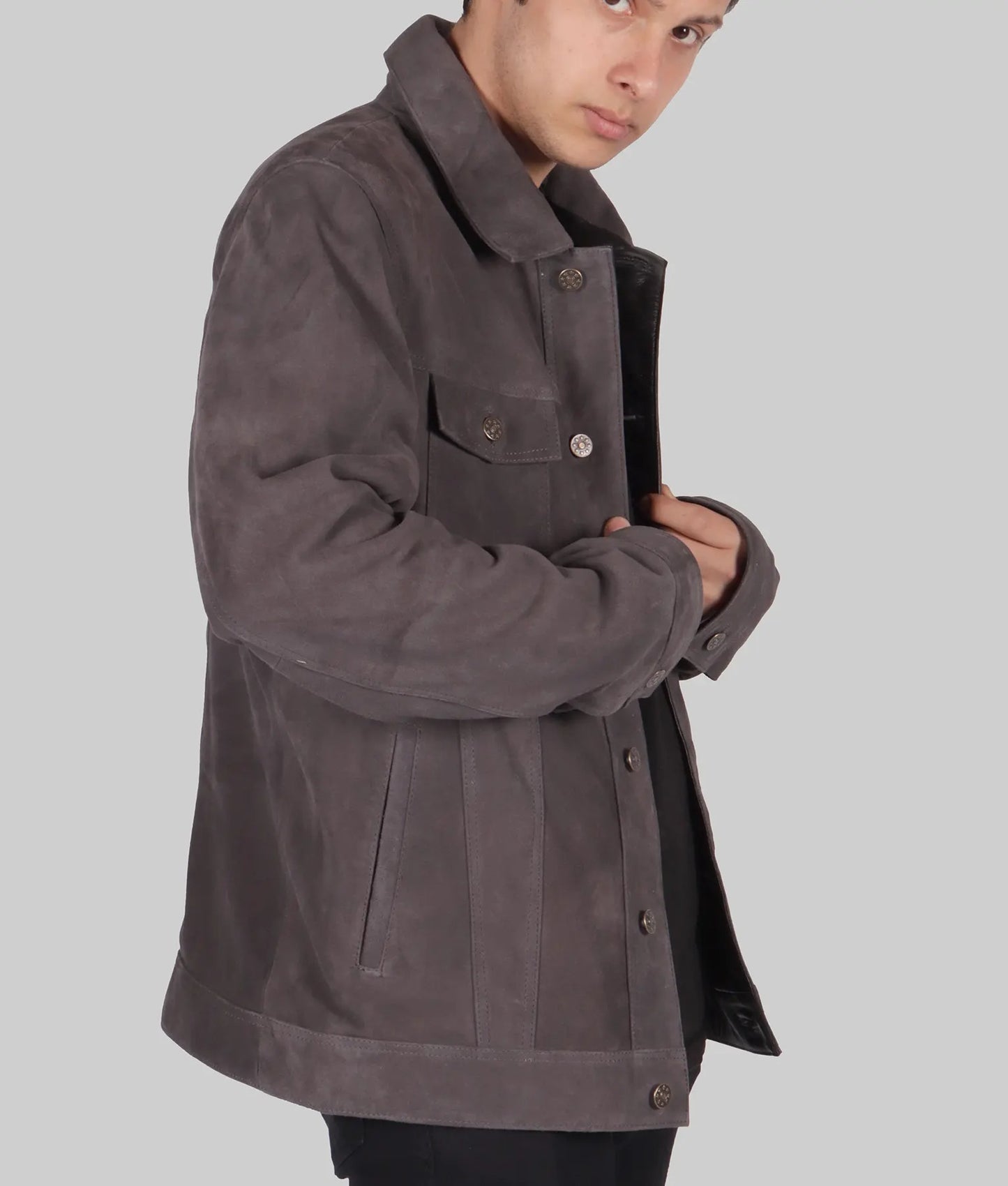 Men’s Grey Suede Leather Trucker Jacket