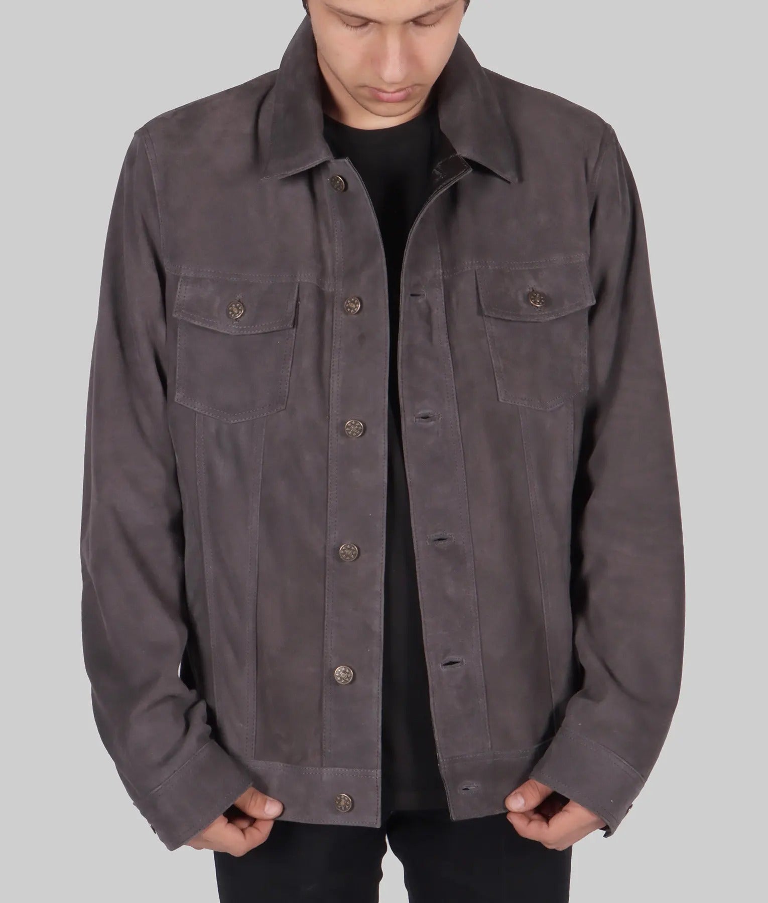 Men’s Grey Suede Leather Trucker Jacket