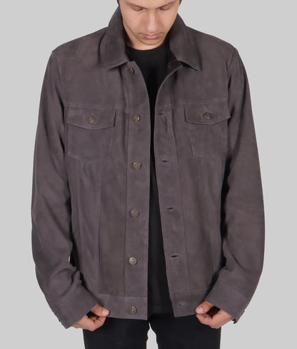 Men’s Grey Suede Leather Trucker Jacket