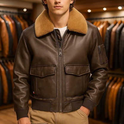 Men’s Leather Bomber Jacket – Shearling Collar Vintage Aviator Style