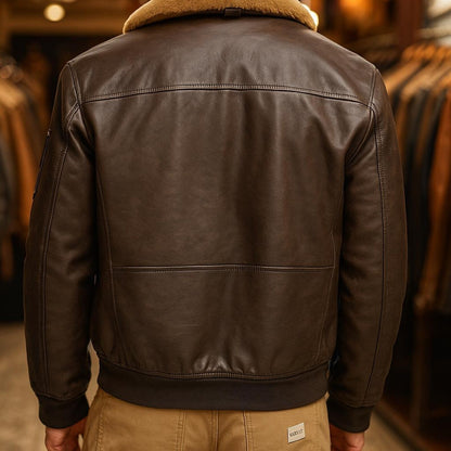 Men’s Leather Bomber Jacket – Shearling Collar Vintage Aviator Style