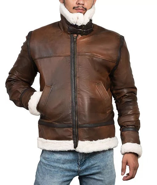 Men’s Rusty Brown B-3 Shearling Bomber Leather Jacket