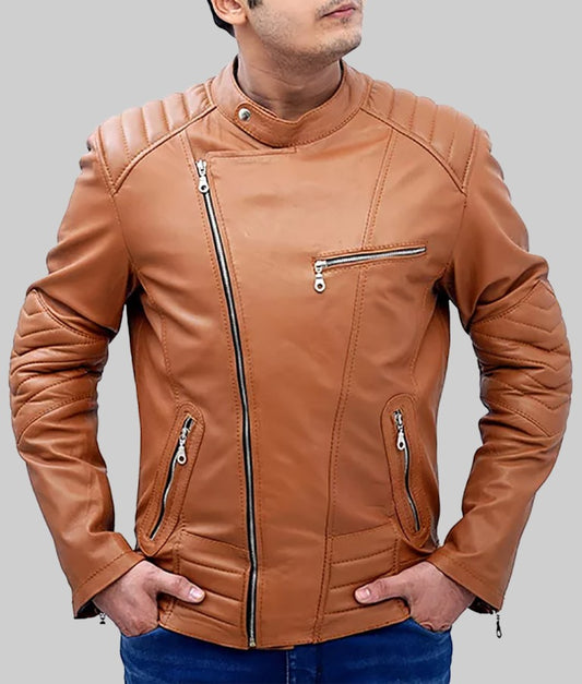 Men’s Slim Fit Tan Biker Leather Jacket