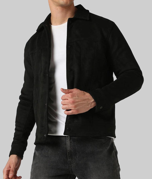 Men’s Stylish Black Suede Leather Trucker Jacket