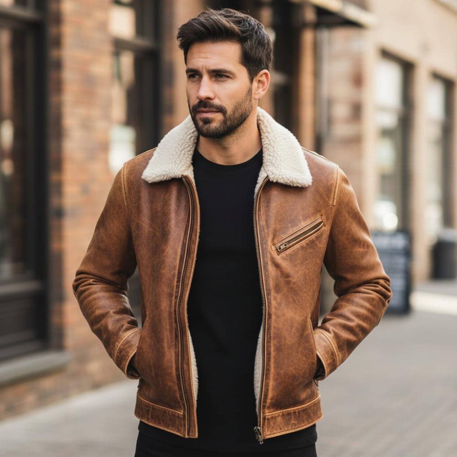 Men’s Stylish Leather Jacket with Fur Collar – Retro Moto Biker Style Premium Leather
